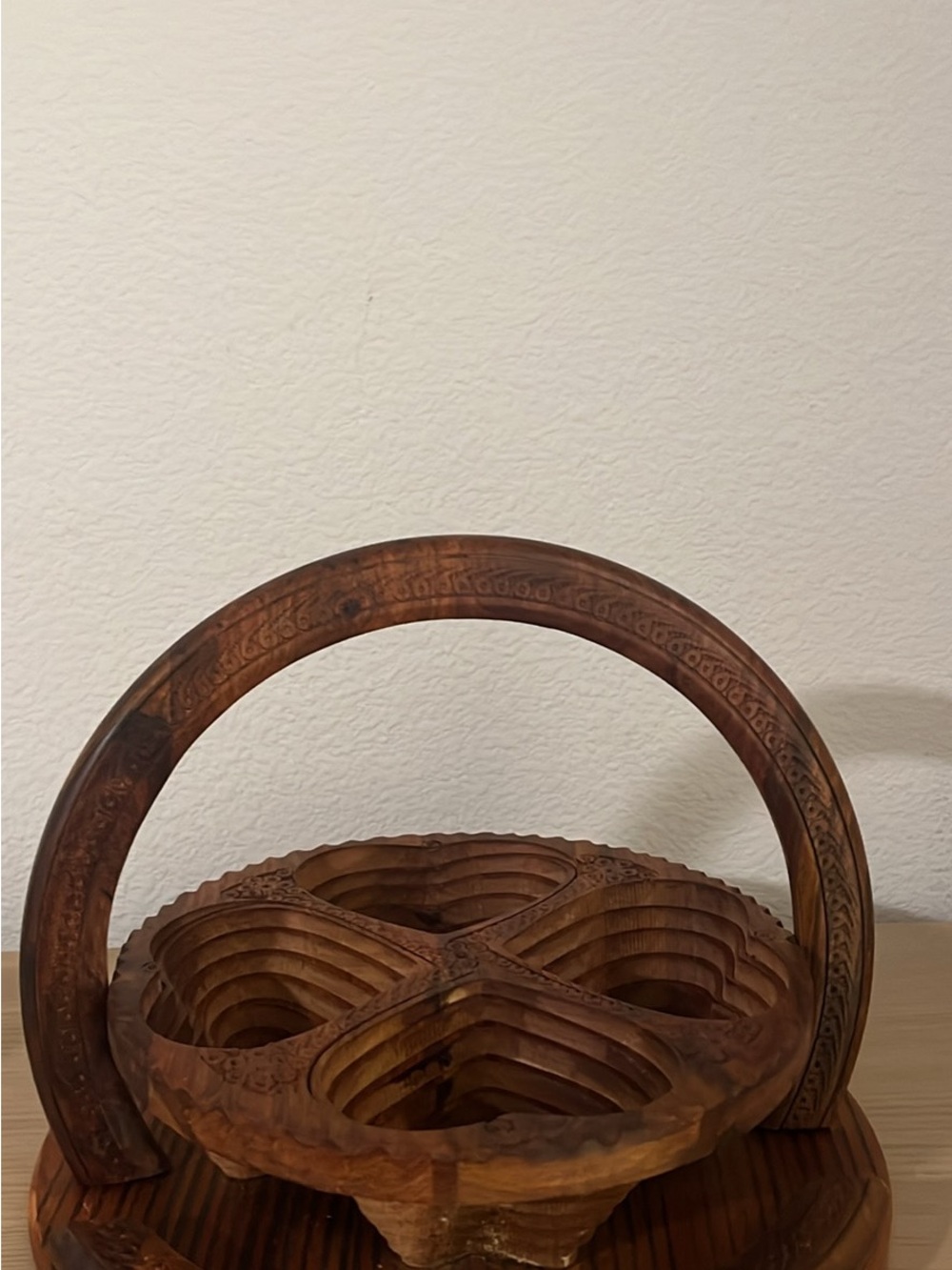 Hand-Carved Brown Wood Decorative Basket with Handle